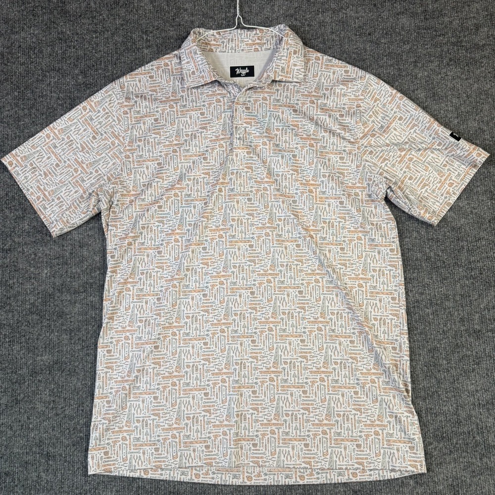 Waggle Golf Polo Shirt Mens Medium Light Gray Orange Tools Print Performance